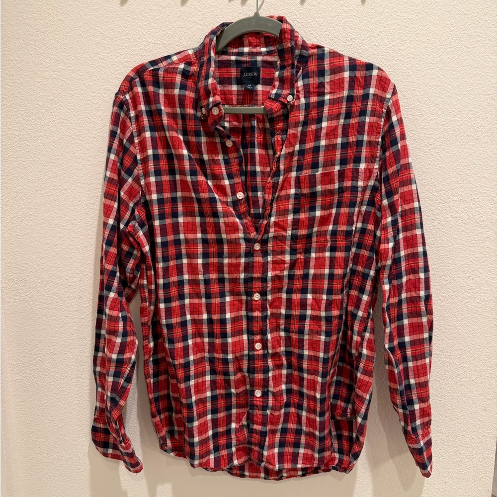 J. Crew Men's Casual Red and Navy Plaid Shirt